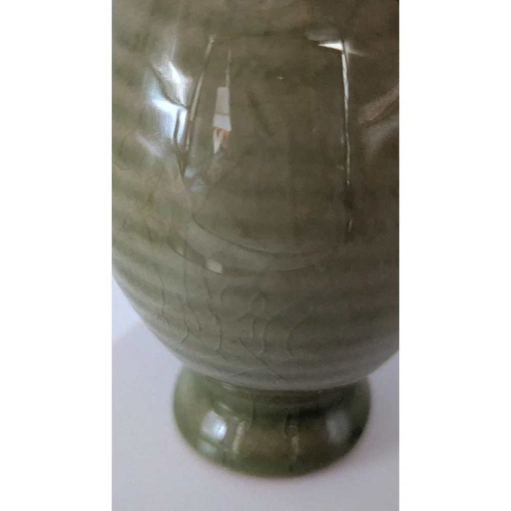 Vintage Green Ceramic Bud Vase Double Spiral Handles Ribbed Crackle Glaze 4